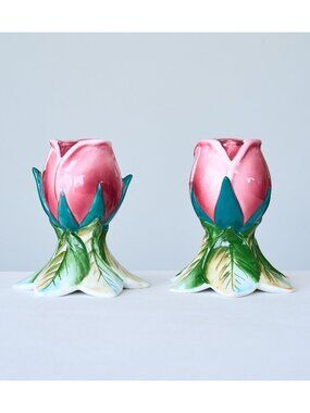 Vintage Pair of LEFTON Candlestick Holder Americana Rose 949 MCM Ceramic Rosebud